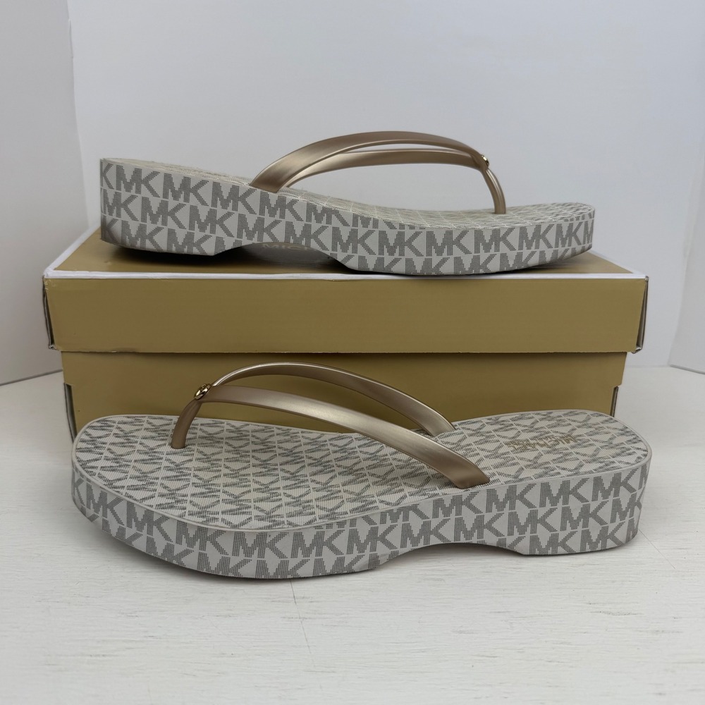 Michael Michael Kors Flip Flop Platform Wedge Sandals Gold Vanilla Size 10